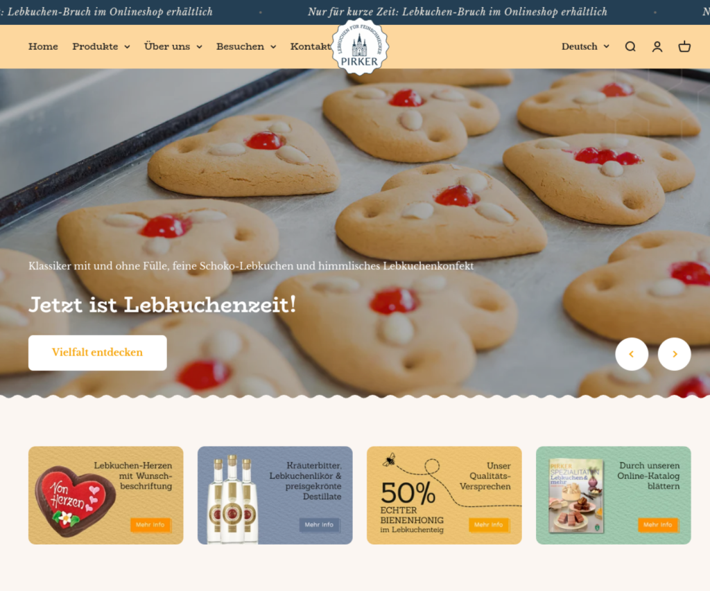 Screenshot des Shopify-Onlineshops von Pirker Lebkuchen